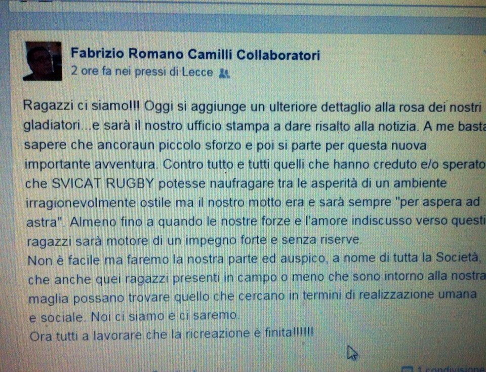Fabrizio Camilli:”Tutti a lavorare, la ricreazione è finita”