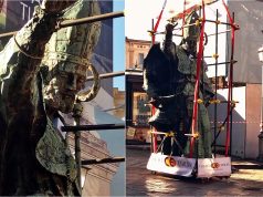 Giù dalla colonna la Statua di Sant’Oronzo