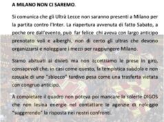 Gli Ultrà Lecce: “Abituati ai divieti ma non accettiamo le prese in giro”